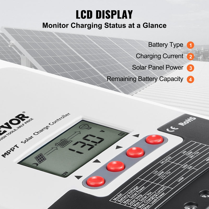 VEVOR 20A MPPT Saules uzlādes kontrolieris, 12V / 24V Auto DC ieeja, Saules paneļa regulators ar LCD displeju, temperatūras sensoru kabelis, piemērots AGM, Gel, Flooded un litija akumulatoru uzlādei