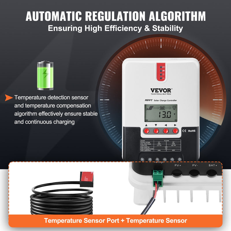 VEVOR 20A MPPT Saules uzlādes kontrolieris, 12V / 24V Auto DC ieeja, Saules paneļa regulators ar LCD displeju, temperatūras sensoru kabelis, piemērots AGM, Gel, Flooded un litija akumulatoru uzlādei