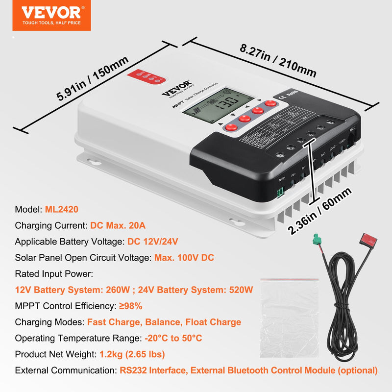 VEVOR 20A MPPT Saules uzlādes kontrolieris, 12V / 24V Auto DC ieeja, Saules paneļa regulators ar LCD displeju, temperatūras sensoru kabelis, piemērots AGM, Gel, Flooded un litija akumulatoru uzlādei