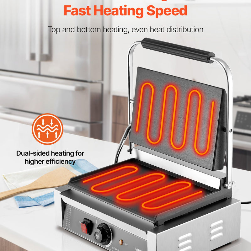 Komerciālais panini grils, 2200 W, nerūsējošais tērauds, 34x23 cm plakana emaljas plate ar temperatūras kontroli