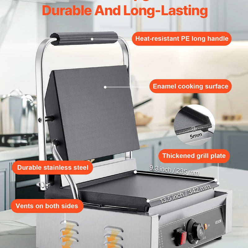 Komerciālais panini grils, 2200 W, nerūsējošais tērauds, 34x23 cm plakana emaljas plate ar temperatūras kontroli