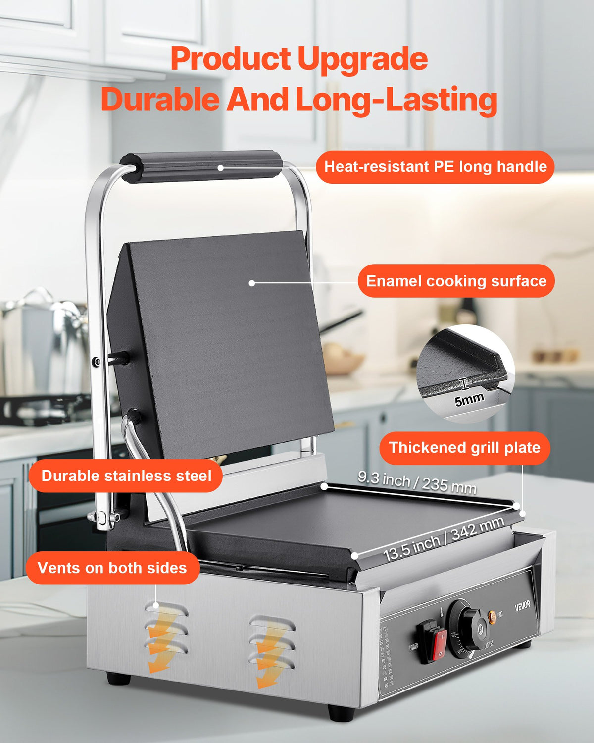 VEVOR Commercial Panini Grill 2200 W, 34 × 23 cm Smooth Plate