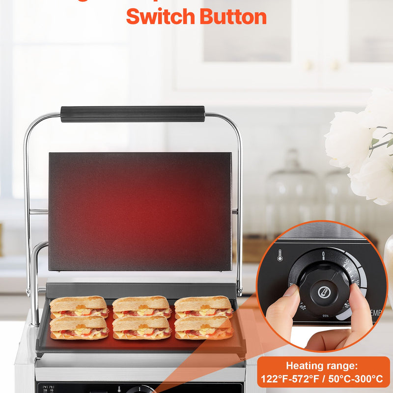 Komerciālais panini grils, 2200 W, nerūsējošais tērauds, 34x23 cm plakana emaljas plate ar temperatūras kontroli