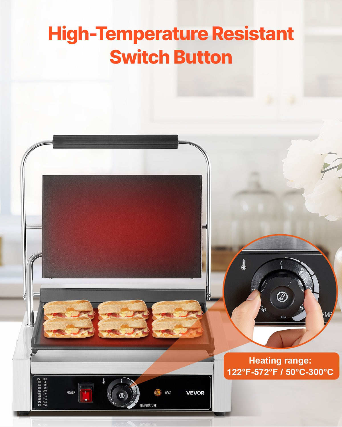VEVOR Commercial Panini Grill 2200 W, 34 × 23 cm Smooth Plate
