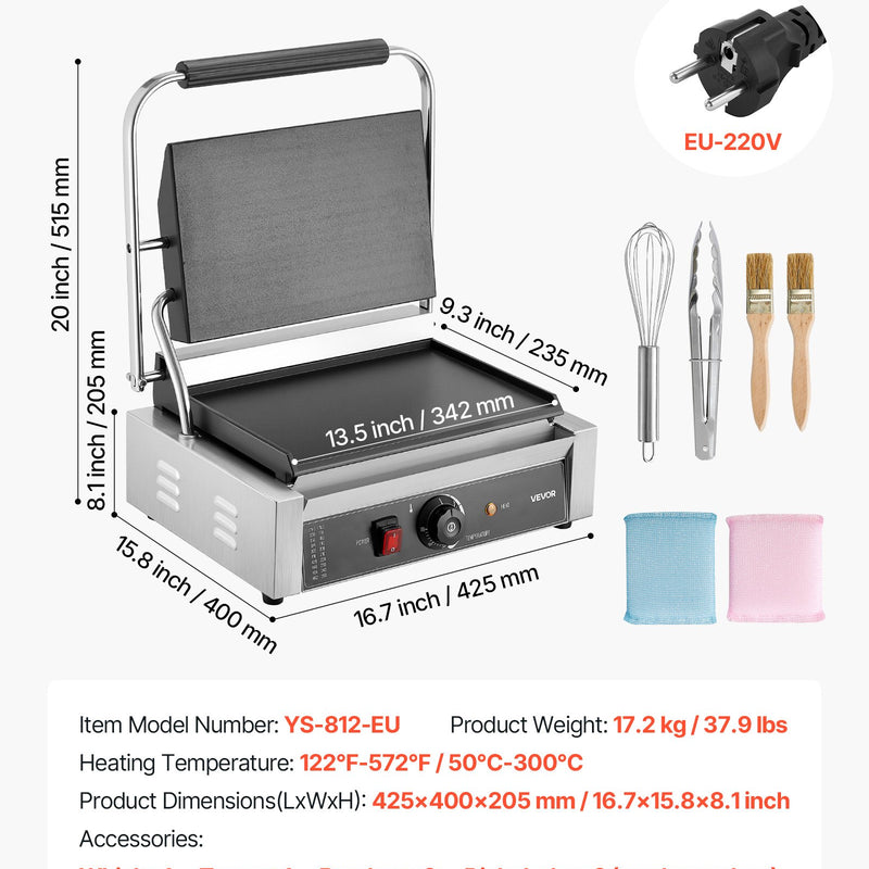 Komerciālais panini grils, 2200 W, nerūsējošais tērauds, 34x23 cm plakana emaljas plate ar temperatūras kontroli