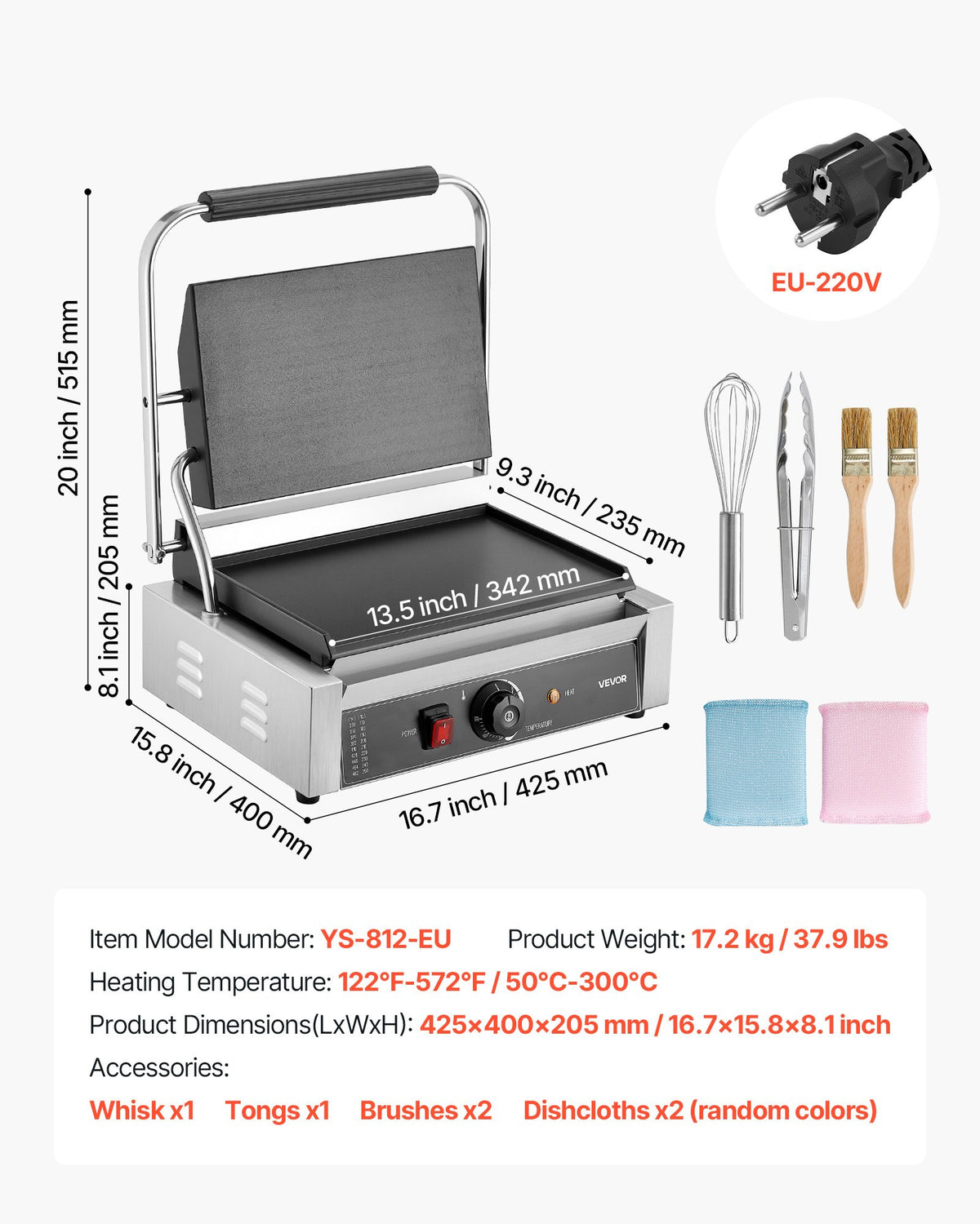 VEVOR Commercial Panini Grill 2200 W, 34 × 23 cm Smooth Plate