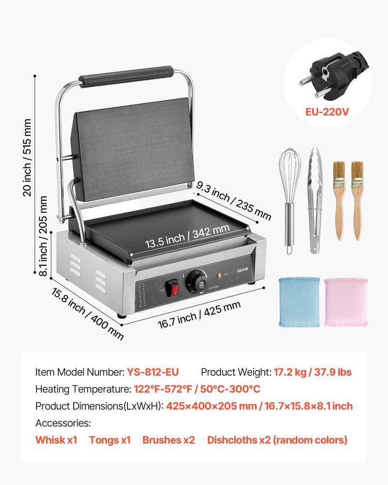 Komerciālais panini grils, 2200 W, nerūsējošais tērauds, 34x23 cm plakana emaljas plate ar temperatūras kontroli