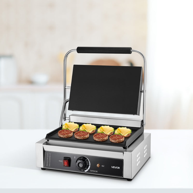 Komerciālais panini grils, 2200 W, nerūsējošais tērauds, 34x23 cm plakana emaljas plate ar temperatūras kontroli