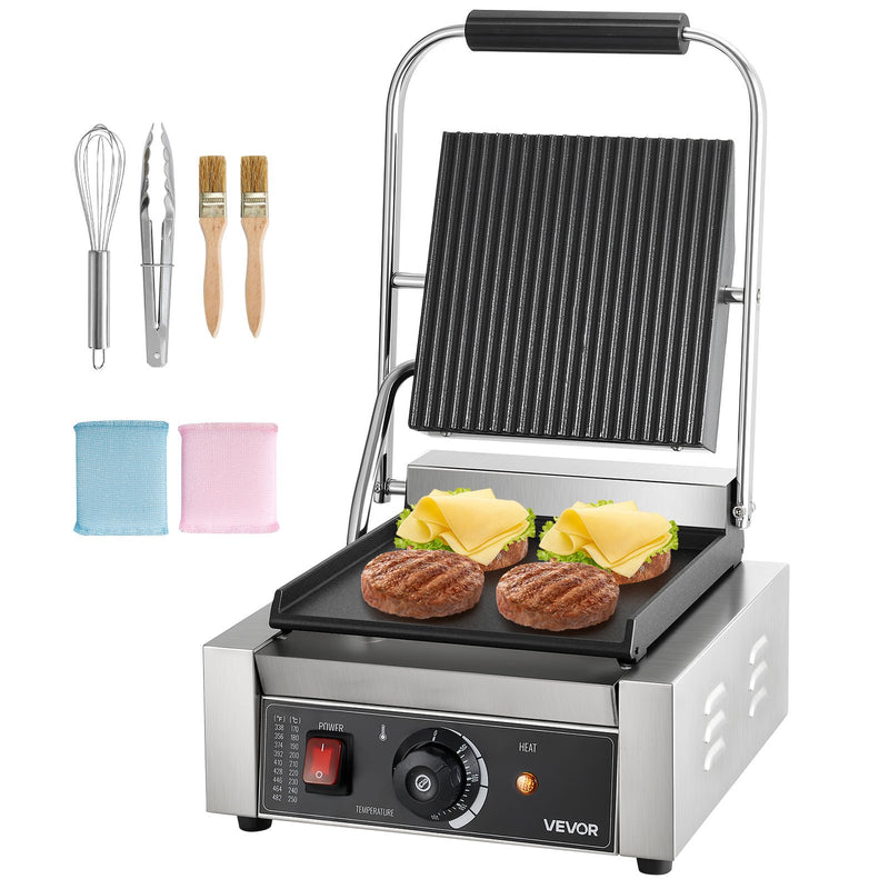 Komerciālais panini grils, 1800 W elektriskā sviestmaižu prese ar rokturi un temperatūras regulēšanu, nerūsējošais tērauds, 22 × 23 cm gluda emaljas plate, piemērots hamburgeriem, steikam un bekonam