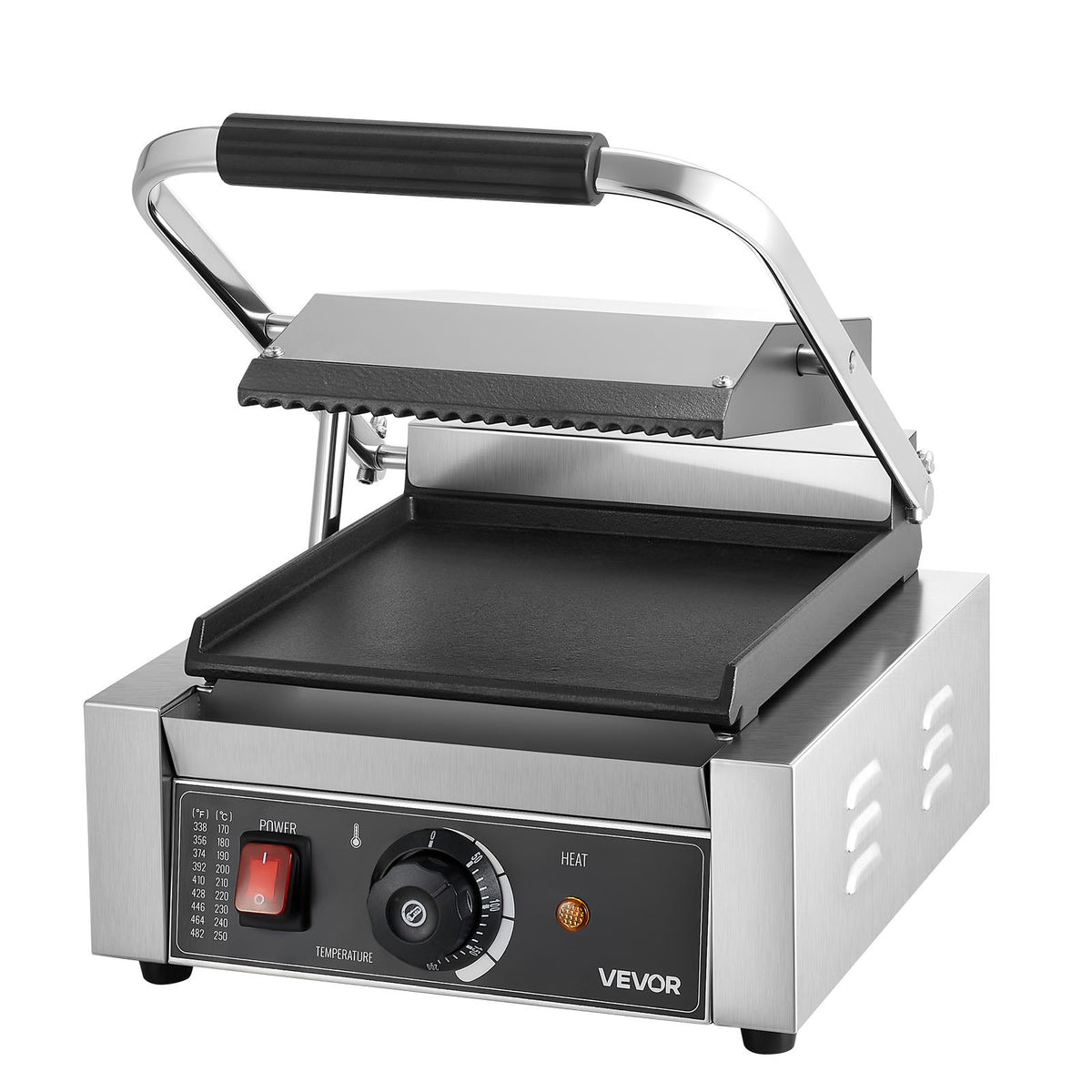 VEVOR Commercial Panini Grill 1800 W, 22 × 23 cm Smooth Plate, with Handle