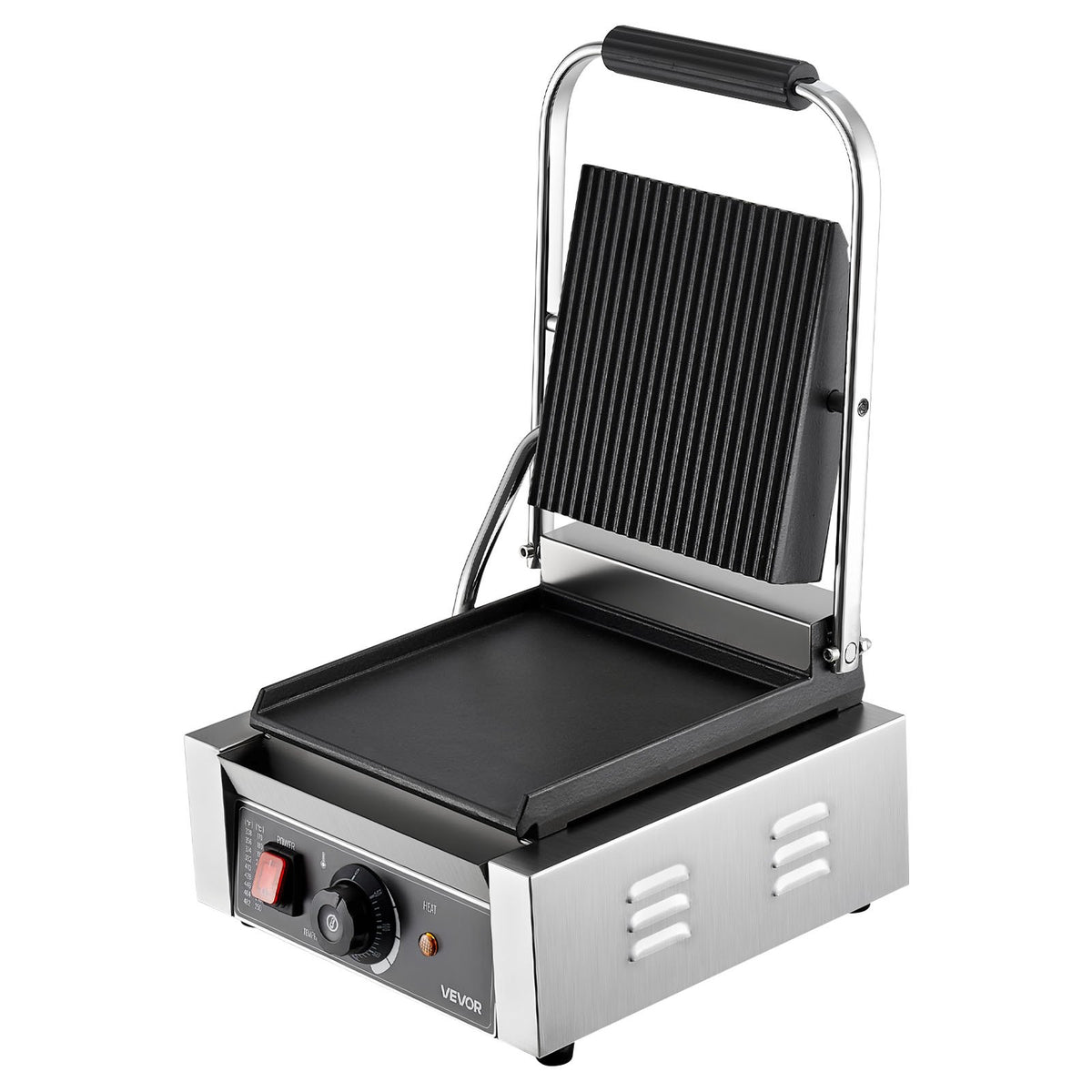VEVOR Commercial Panini Grill 1800 W, 22 × 23 cm Smooth Plate, with Handle