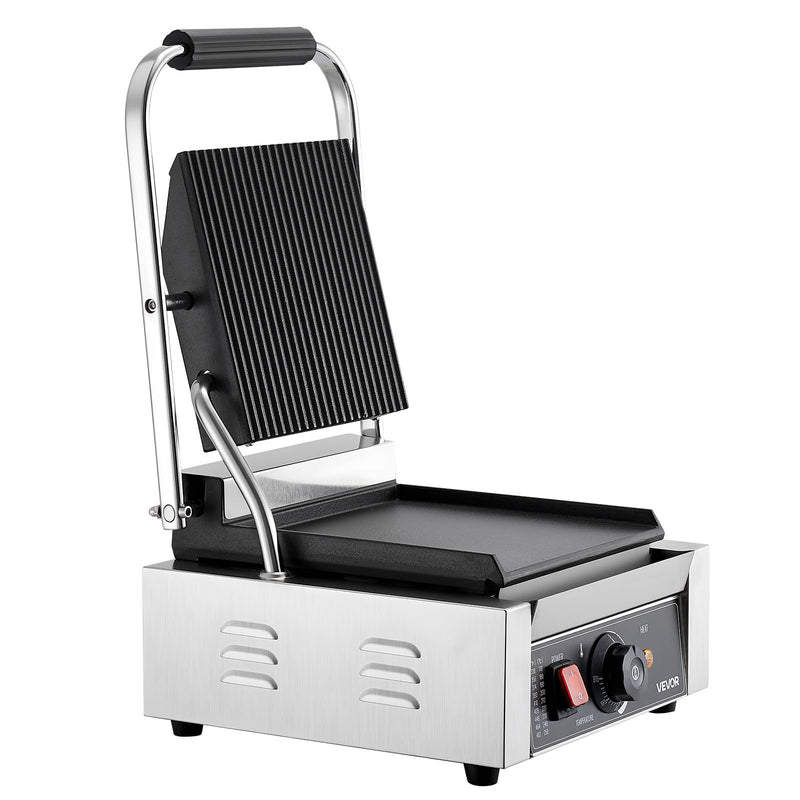 Komerciālais panini grils, 1800 W elektriskā sviestmaižu prese ar rokturi un temperatūras regulēšanu, nerūsējošais tērauds, 22 × 23 cm gluda emaljas plate, piemērots hamburgeriem, steikam un bekonam