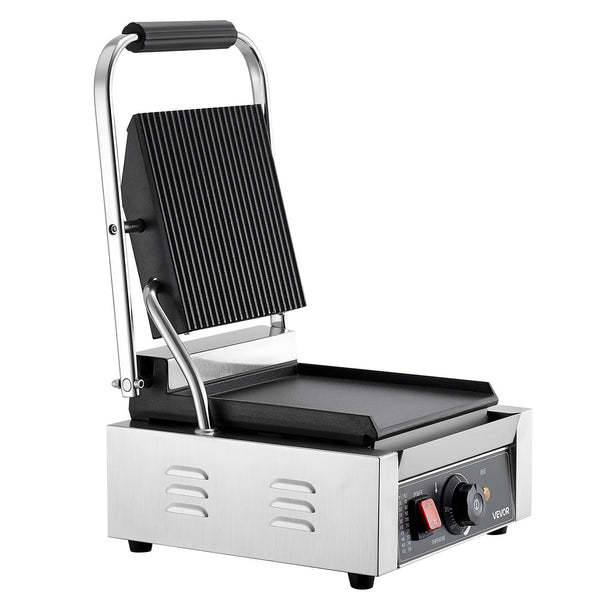Komerciālais panini grils, 1800 W elektriskā sviestmaižu prese ar rokturi un temperatūras regulēšanu, nerūsējošais tērauds, 22 × 23 cm gluda emaljas plate, piemērots hamburgeriem, steikam un bekonam