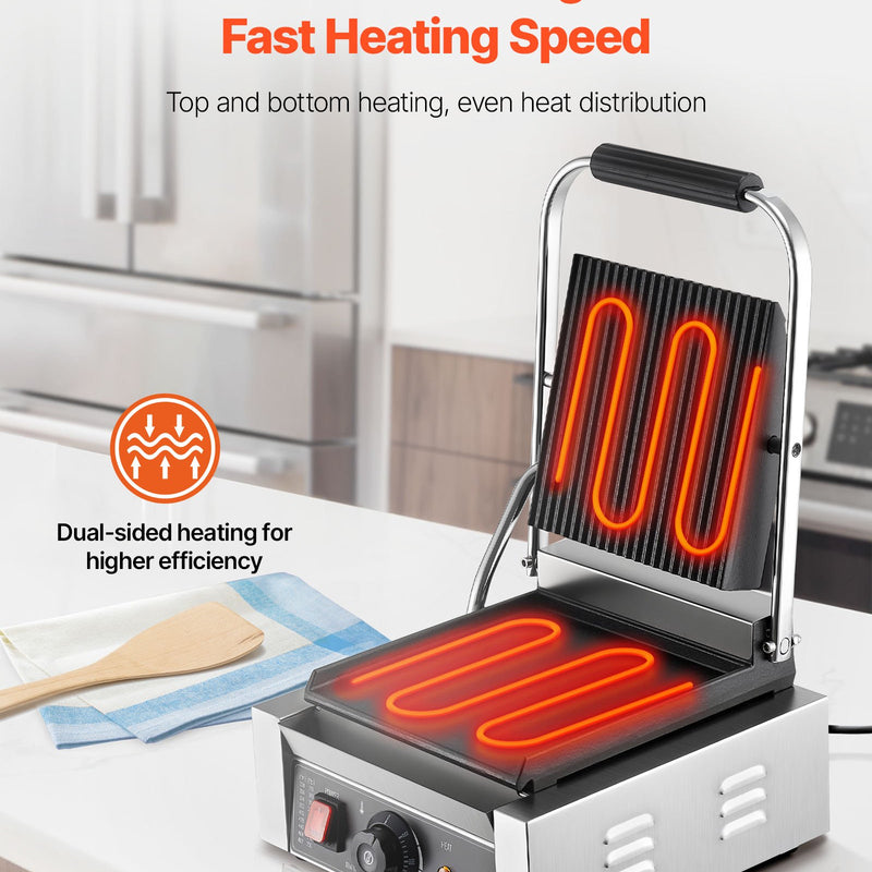 Komerciālais panini grils, 1800 W elektriskā sviestmaižu prese ar rokturi un temperatūras regulēšanu, nerūsējošais tērauds, 22 × 23 cm gluda emaljas plate, piemērots hamburgeriem, steikam un bekonam