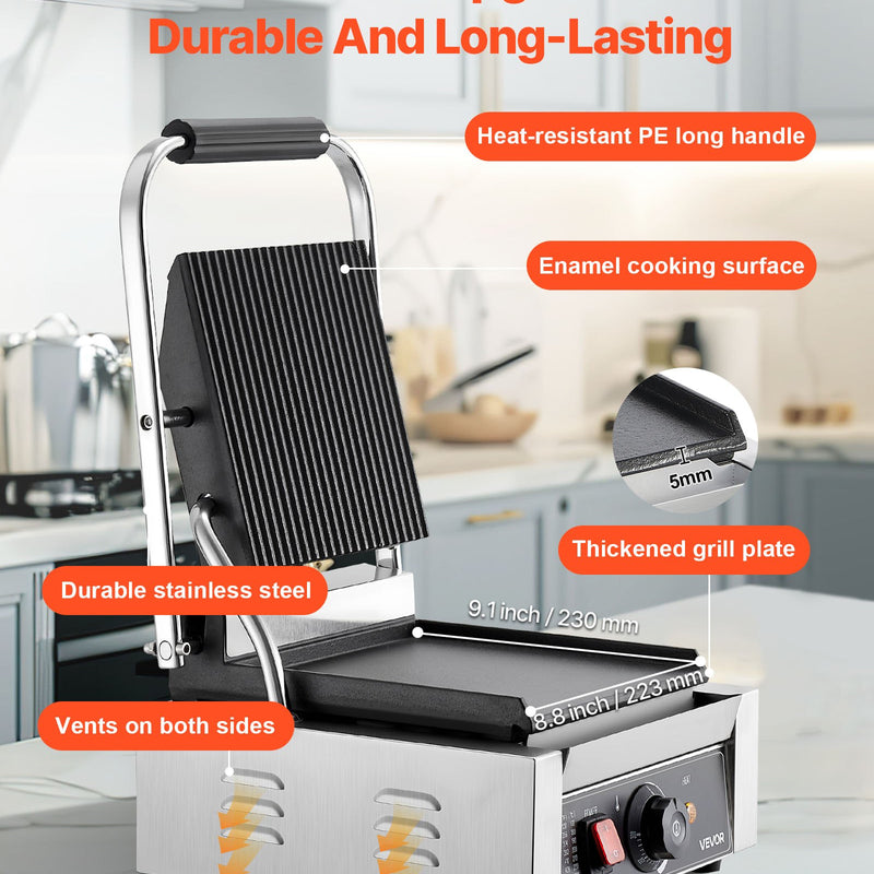 Komerciālais panini grils, 1800 W elektriskā sviestmaižu prese ar rokturi un temperatūras regulēšanu, nerūsējošais tērauds, 22 × 23 cm gluda emaljas plate, piemērots hamburgeriem, steikam un bekonam