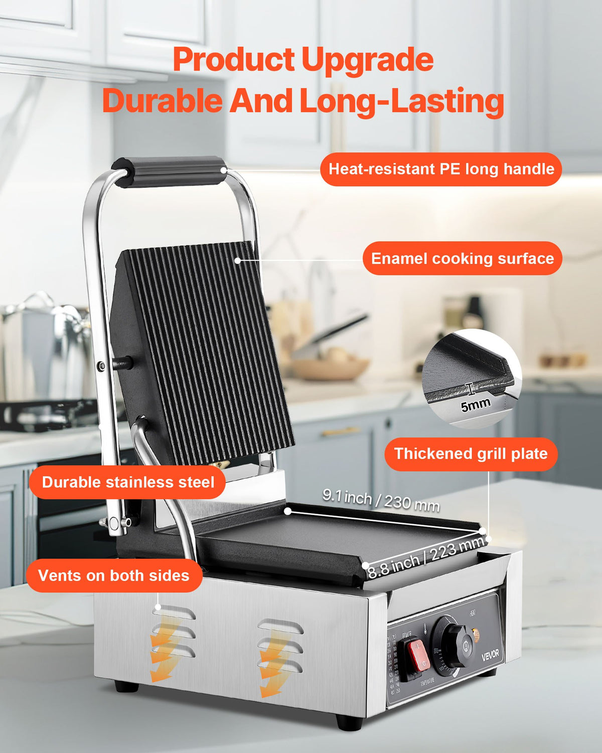 VEVOR Commercial Panini Grill 1800 W, 22 × 23 cm Smooth Plate, with Handle