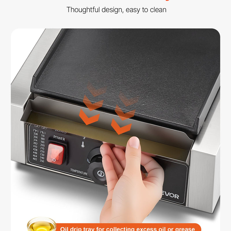 Komerciālais panini grils, 1800 W elektriskā sviestmaižu prese ar rokturi un temperatūras regulēšanu, nerūsējošais tērauds, 22 × 23 cm gluda emaljas plate, piemērots hamburgeriem, steikam un bekonam