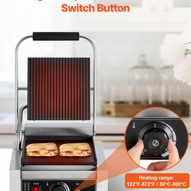 Komerciālais panini grils, 1800 W elektriskā sviestmaižu prese ar rokturi un temperatūras regulēšanu, nerūsējošais tērauds, 22 × 23 cm gluda emaljas plate, piemērots hamburgeriem, steikam un bekonam