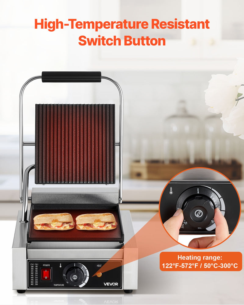 Komerciālais panini grils, 1800 W elektriskā sviestmaižu prese ar rokturi un temperatūras regulēšanu, nerūsējošais tērauds, 22 × 23 cm gluda emaljas plate, piemērots hamburgeriem, steikam un bekonam