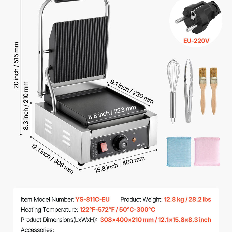 Komerciālais panini grils, 1800 W elektriskā sviestmaižu prese ar rokturi un temperatūras regulēšanu, nerūsējošais tērauds, 22 × 23 cm gluda emaljas plate, piemērots hamburgeriem, steikam un bekonam