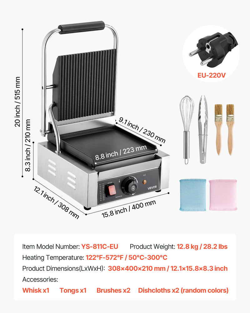 Komerciālais panini grils, 1800 W elektriskā sviestmaižu prese ar rokturi un temperatūras regulēšanu, nerūsējošais tērauds, 22 × 23 cm gluda emaljas plate, piemērots hamburgeriem, steikam un bekonam