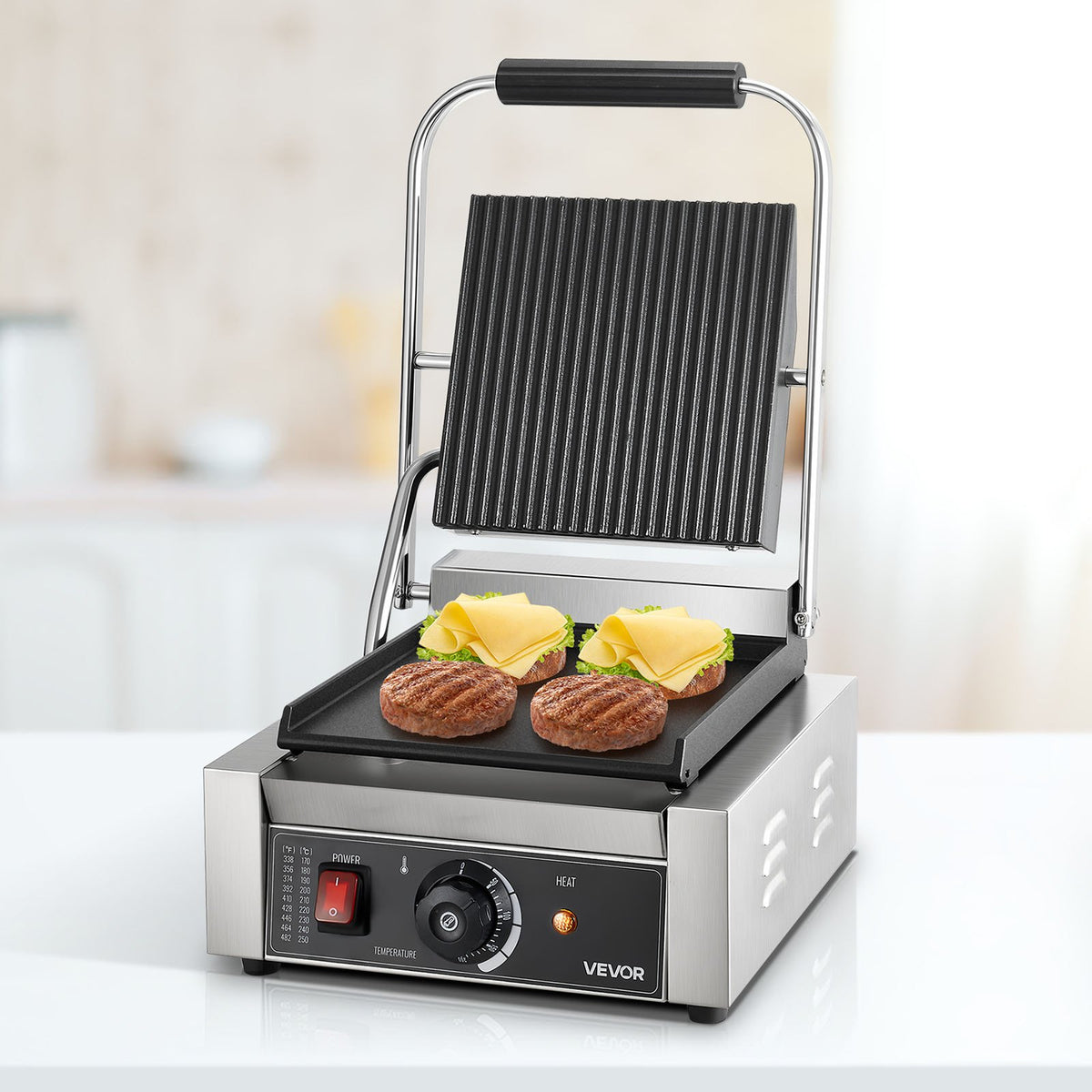 VEVOR Commercial Panini Grill 1800 W, 22 × 23 cm Smooth Plate, with Handle