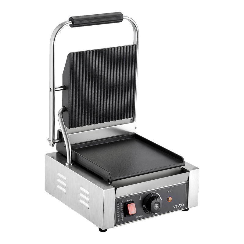 Komerciālais panini grils, 1800 W elektriskā sviestmaižu prese ar rokturi un temperatūras regulēšanu, nerūsējošais tērauds, 22 × 23 cm gluda emaljas plate, piemērots hamburgeriem, steikam un bekonam