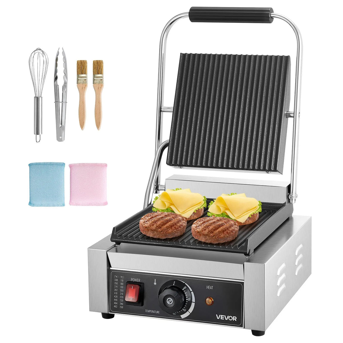 VEVOR Commercial Panini Grill 1800 W, 22 × 23 cm Smooth Plate, with Temperature Control
