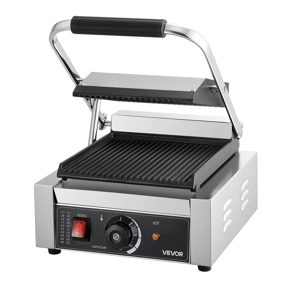 VEVOR Commercial Panini Grill 1800 W, 22 × 23 cm Smooth Plate, with Temperature Control