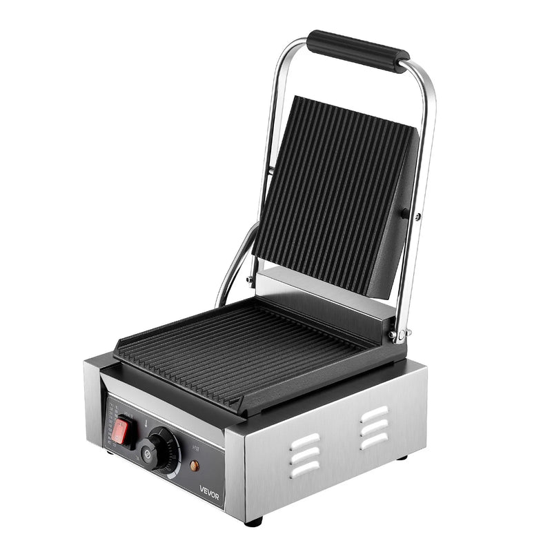 Komerciālais Panini grils 1800W, elektriskā sviestmaižu prese, nerūsējošais tērauds, temperatūras regulēšana, 22×23 cm plakana emaljas plate