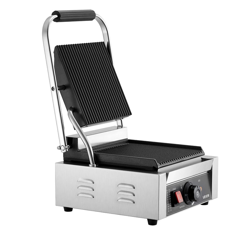 Komerciālais Panini grils 1800W, elektriskā sviestmaižu prese, nerūsējošais tērauds, temperatūras regulēšana, 22×23 cm plakana emaljas plate