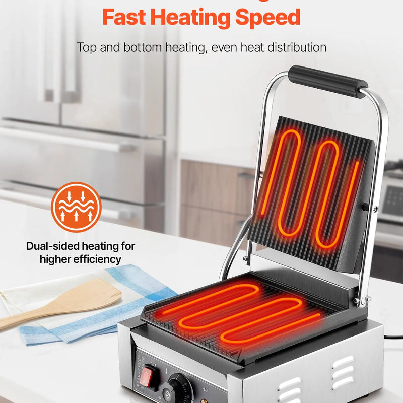Komerciālais Panini grils 1800W, elektriskā sviestmaižu prese, nerūsējošais tērauds, temperatūras regulēšana, 22×23 cm plakana emaljas plate