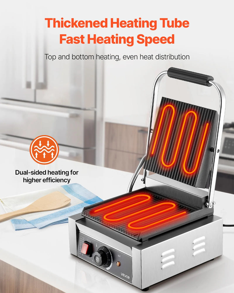 Komerciālais Panini grils 1800W, elektriskā sviestmaižu prese, nerūsējošais tērauds, temperatūras regulēšana, 22×23 cm plakana emaljas plate