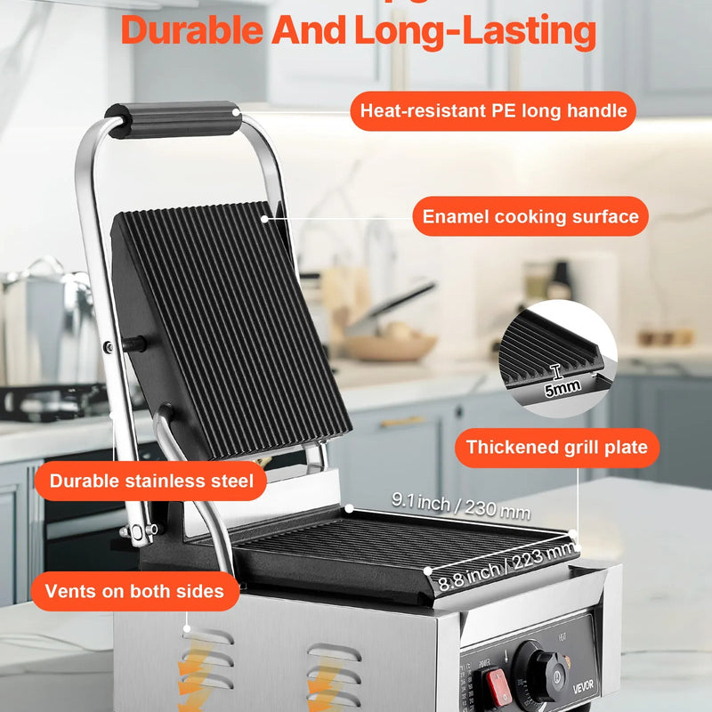 Komerciālais Panini grils 1800W, elektriskā sviestmaižu prese, nerūsējošais tērauds, temperatūras regulēšana, 22×23 cm plakana emaljas plate