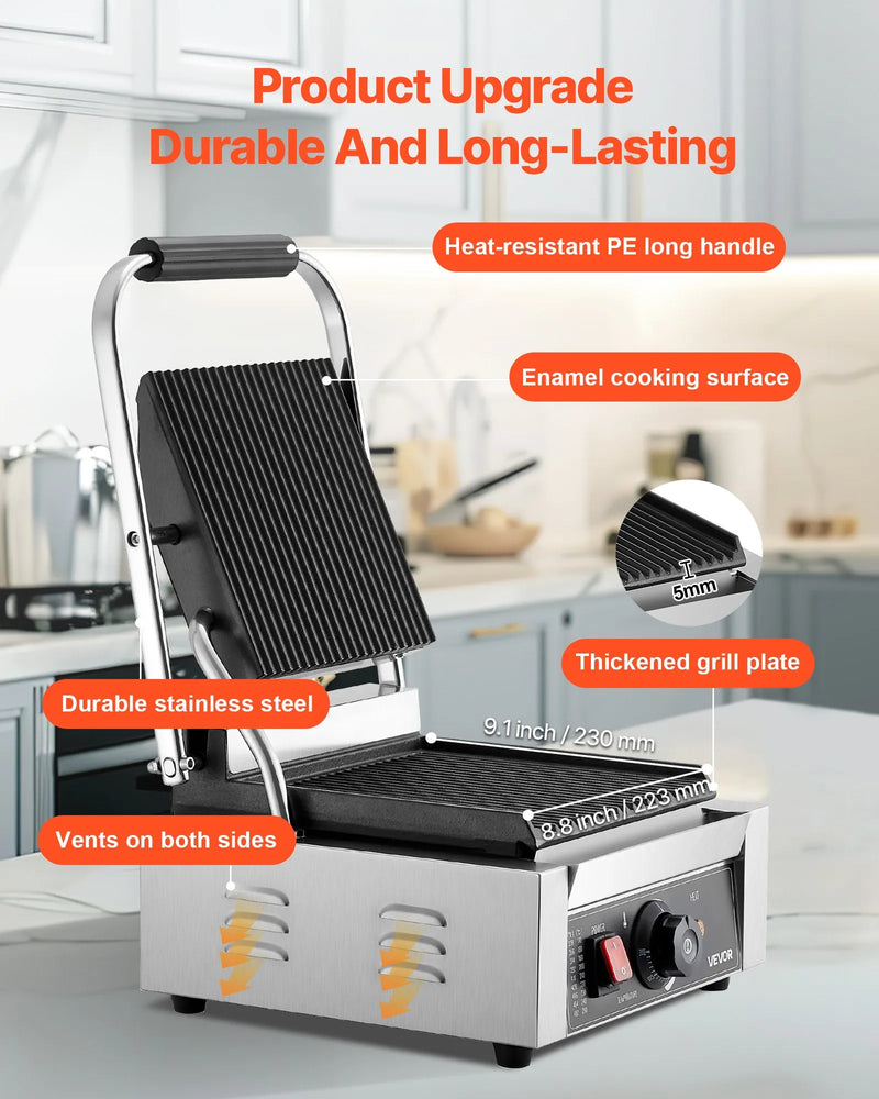 Komerciālais Panini grils 1800W, elektriskā sviestmaižu prese, nerūsējošais tērauds, temperatūras regulēšana, 22×23 cm plakana emaljas plate