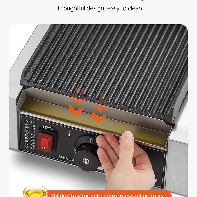 Komerciālais Panini grils 1800W, elektriskā sviestmaižu prese, nerūsējošais tērauds, temperatūras regulēšana, 22×23 cm plakana emaljas plate