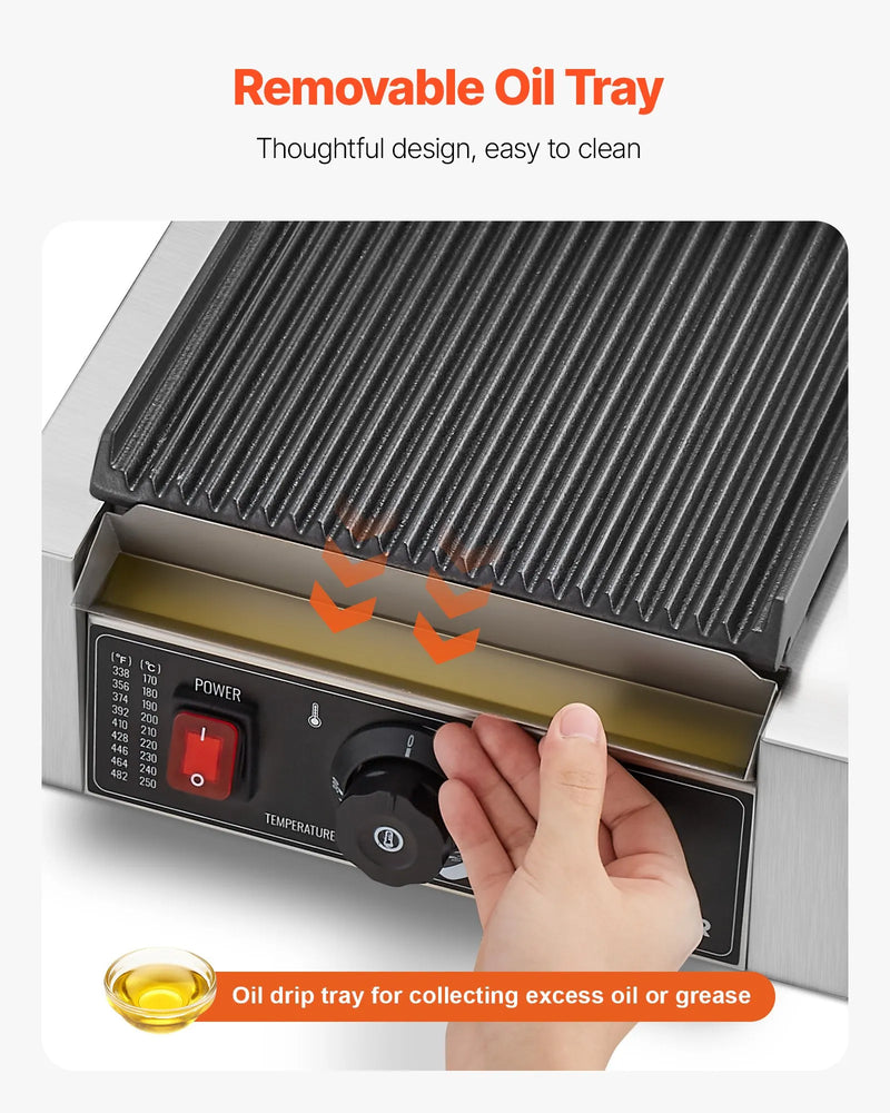 Komerciālais Panini grils 1800W, elektriskā sviestmaižu prese, nerūsējošais tērauds, temperatūras regulēšana, 22×23 cm plakana emaljas plate