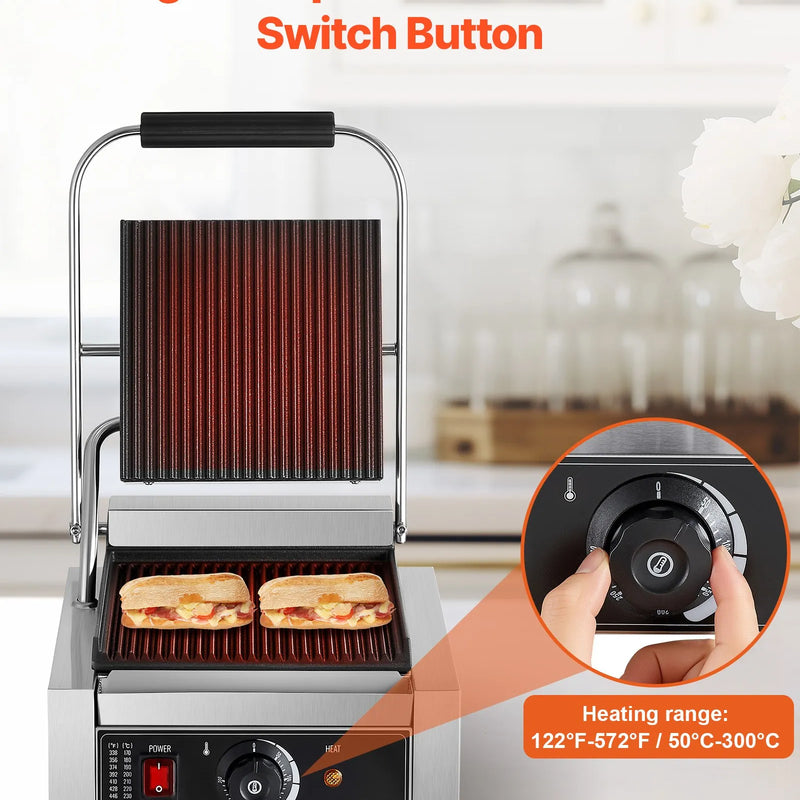 Komerciālais Panini grils 1800W, elektriskā sviestmaižu prese, nerūsējošais tērauds, temperatūras regulēšana, 22×23 cm plakana emaljas plate