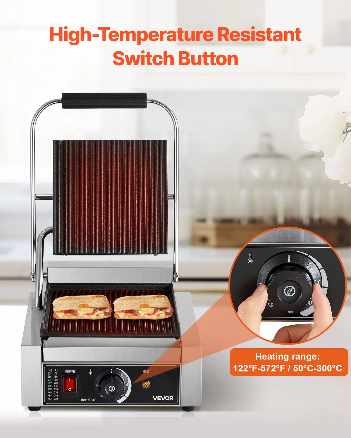 VEVOR Commercial Panini Grill 1800 W, 22 × 23 cm Smooth Plate, with Temperature Control