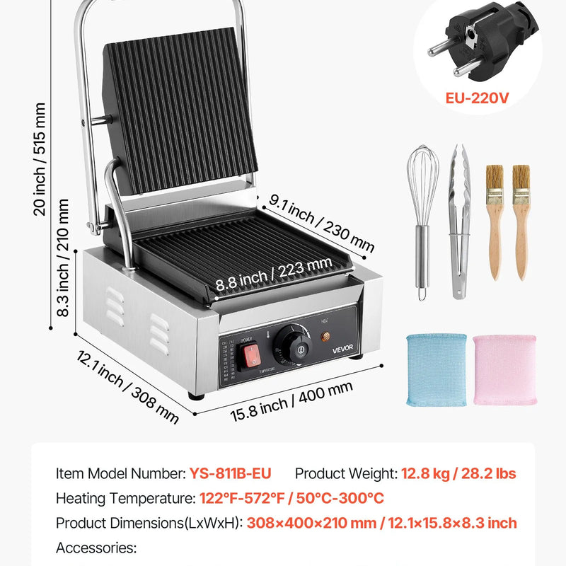 Komerciālais Panini grils 1800W, elektriskā sviestmaižu prese, nerūsējošais tērauds, temperatūras regulēšana, 22×23 cm plakana emaljas plate