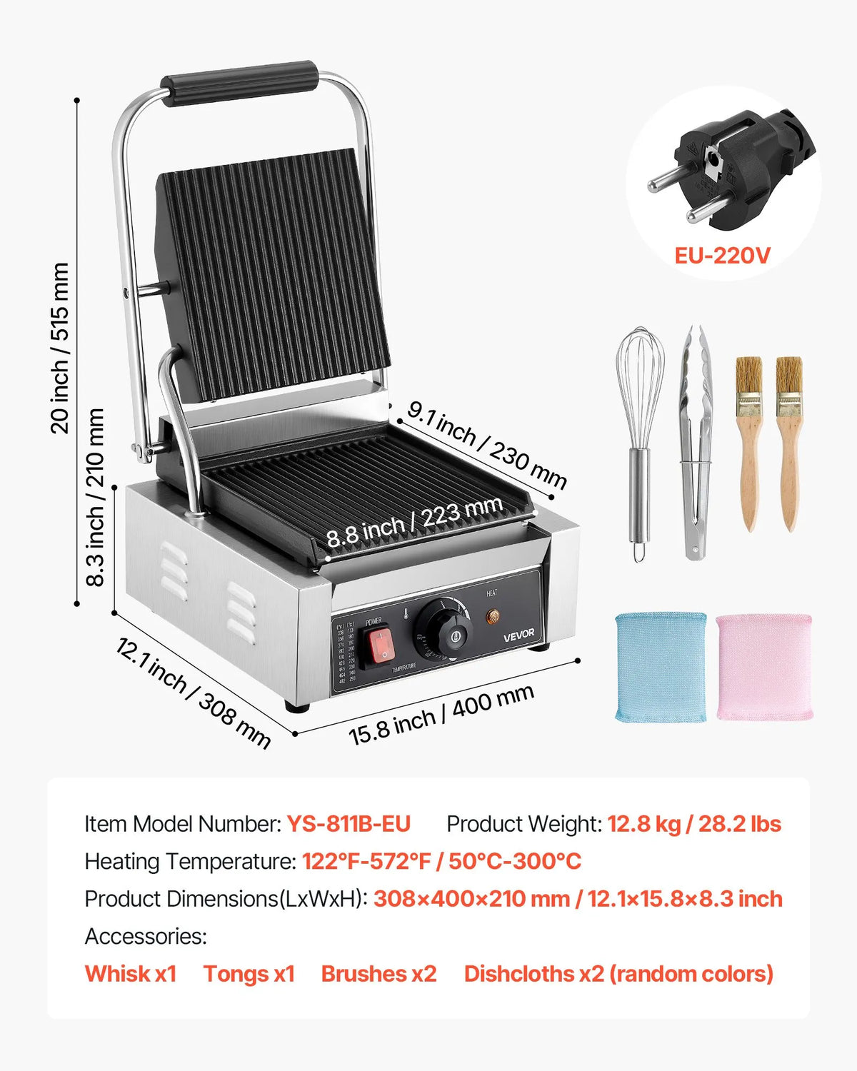 VEVOR Commercial Panini Grill 1800 W, 22 × 23 cm Smooth Plate, with Temperature Control
