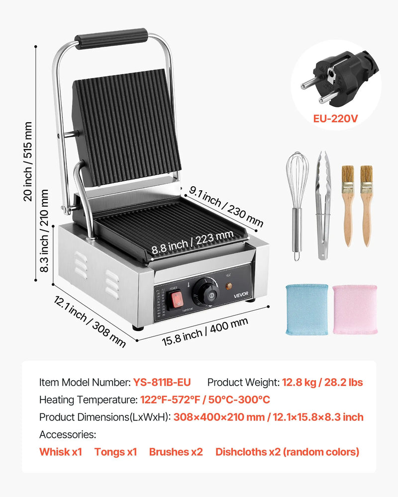 Komerciālais Panini grils 1800W, elektriskā sviestmaižu prese, nerūsējošais tērauds, temperatūras regulēšana, 22×23 cm plakana emaljas plate