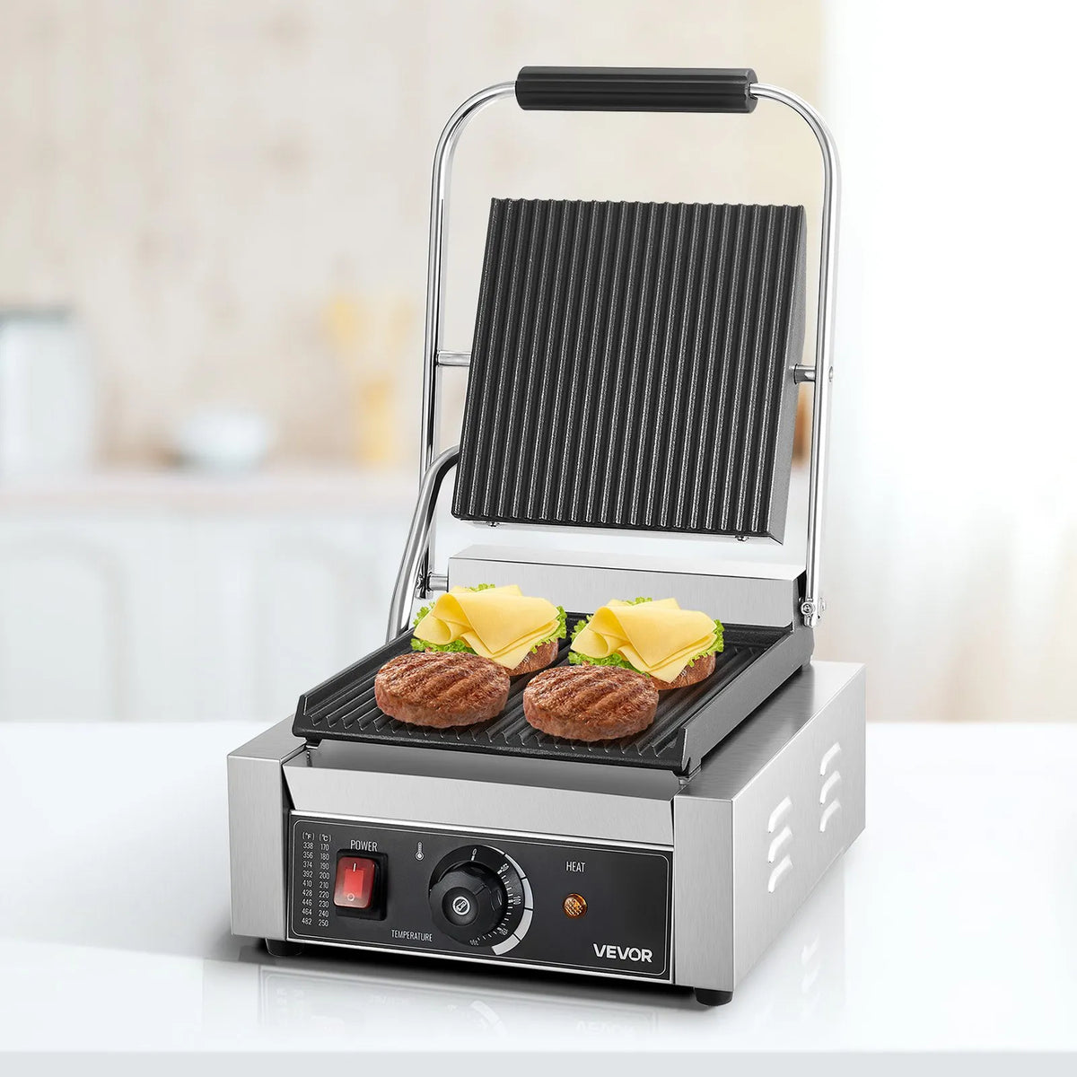 VEVOR Commercial Panini Grill 1800 W, 22 × 23 cm Smooth Plate, with Temperature Control