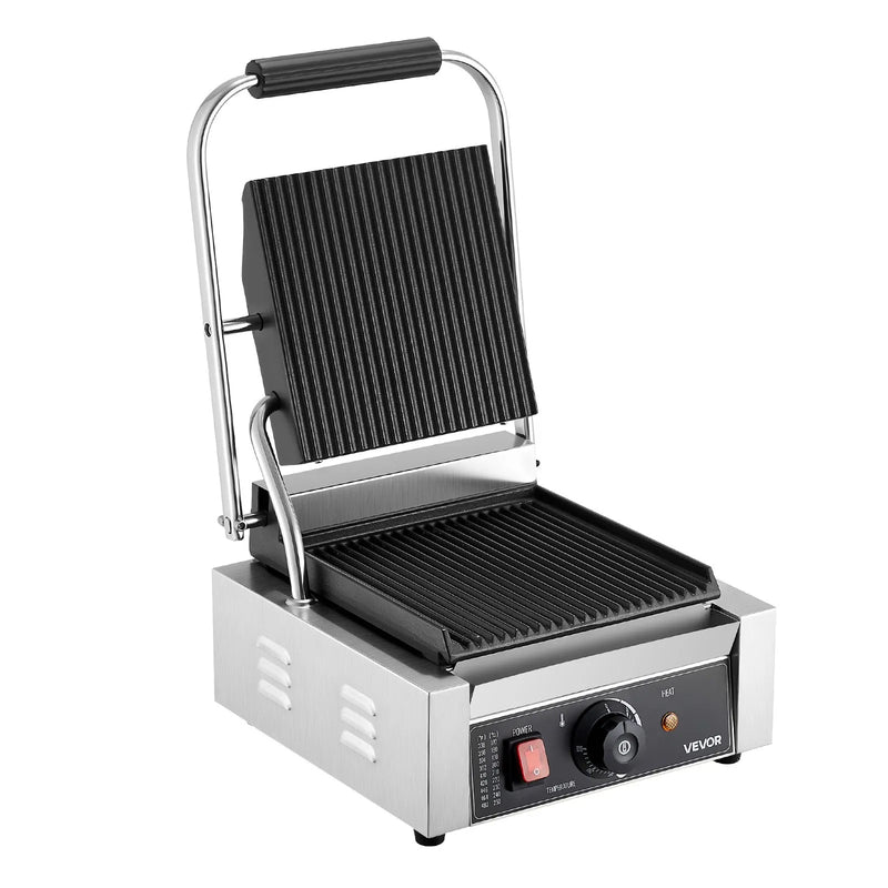 Komerciālais Panini grils 1800W, elektriskā sviestmaižu prese, nerūsējošais tērauds, temperatūras regulēšana, 22×23 cm plakana emaljas plate