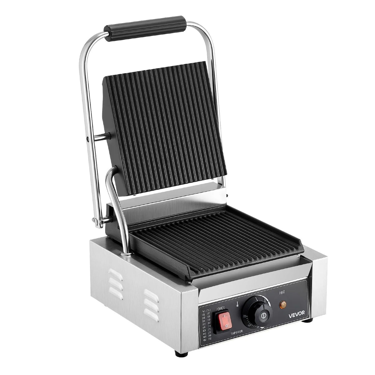 VEVOR Commercial Panini Grill 1800 W, 22 × 23 cm Smooth Plate, with Temperature Control