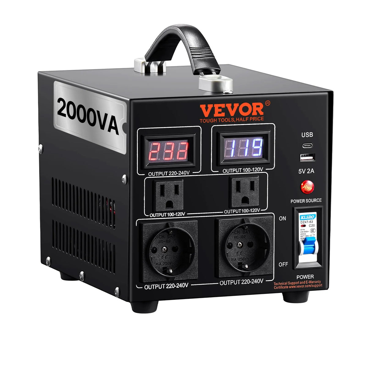 VEVOR sprieguma pārveidotājs transformators 2000 VA ar 110 V uz 220 V un 220 V uz 110 V pārveidošanu, ar US un EU ligzdām, 5 V USB izeju un CE sertifikāciju - ZEMLETES.LV