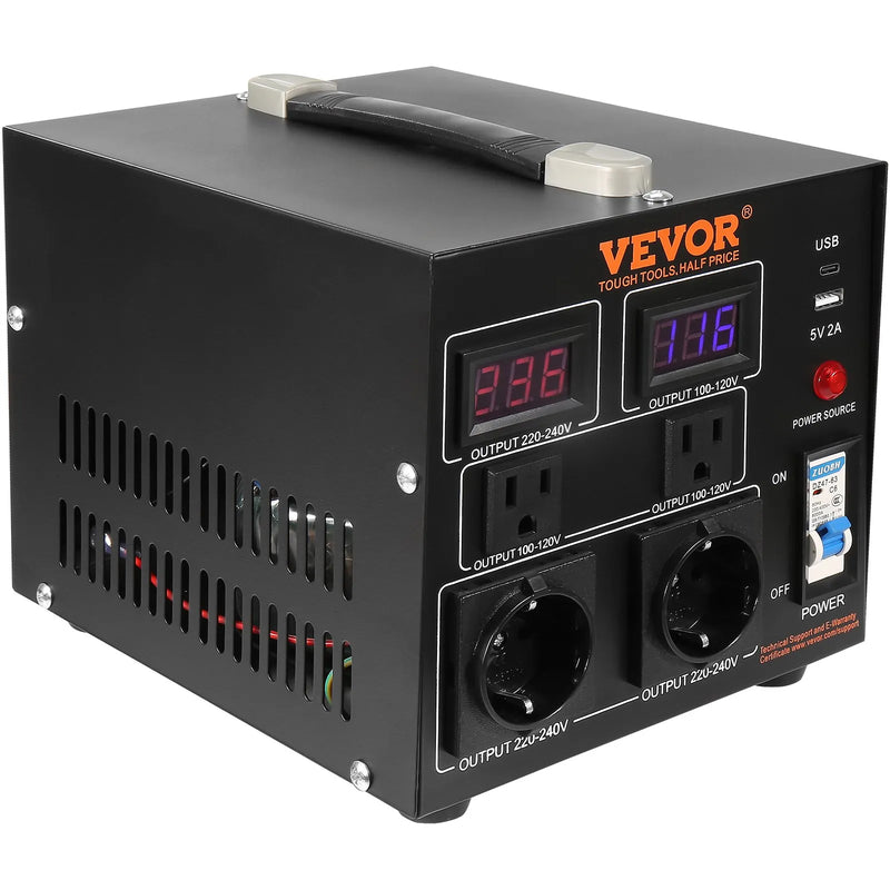 VEVOR sprieguma pārveidotājs transformators 2000 VA ar 110 V uz 220 V un 220 V uz 110 V pārveidošanu, ar US un EU ligzdām, 5 V USB izeju un CE sertifikāciju - ZEMLETES.LV