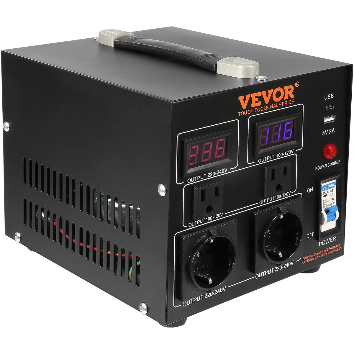 VEVOR sprieguma pārveidotājs transformators 2000 VA ar 110 V uz 220 V un 220 V uz 110 V pārveidošanu, ar US un EU ligzdām, 5 V USB izeju un CE sertifikāciju - ZEMLETES.LV