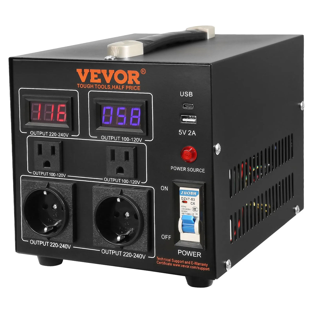 VEVOR sprieguma pārveidotājs transformators 2000 VA ar 110 V uz 220 V un 220 V uz 110 V pārveidošanu, ar US un EU ligzdām, 5 V USB izeju un CE sertifikāciju - ZEMLETES.LV
