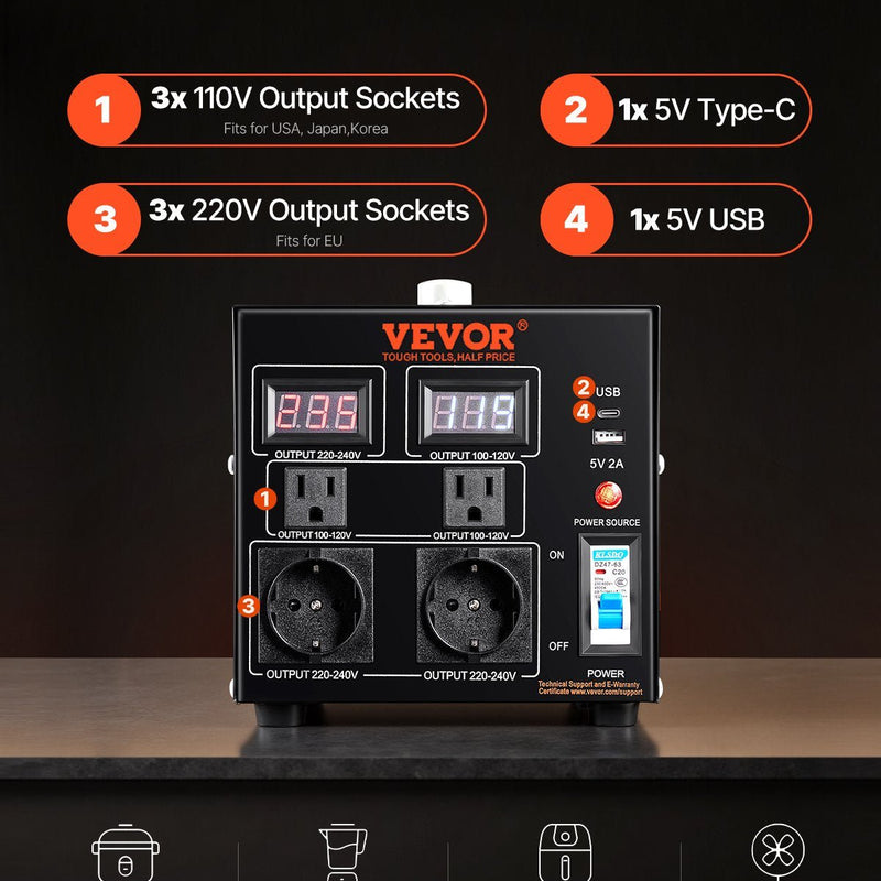 VEVOR sprieguma pārveidotājs transformators 2000 VA ar 110 V uz 220 V un 220 V uz 110 V pārveidošanu, ar US un EU ligzdām, 5 V USB izeju un CE sertifikāciju - ZEMLETES.LV